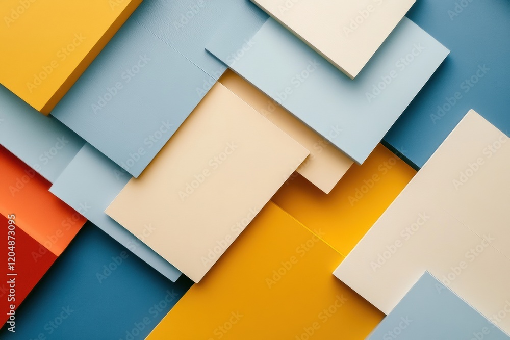 Poster colorful composition of overlapping paper shapes in various shades against a blue background. genera