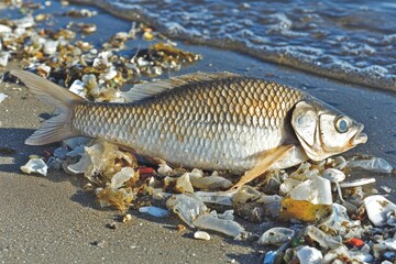 Obraz premium Dead Fish Washed Up on a Polluted Beach Surrounded by Trash and Sea Debris, Highlighting Environmental Concerns and Marine Life Endangerment