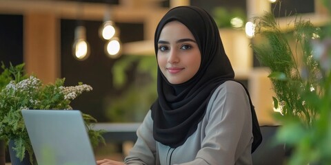 A young Muslim woman in a hijab is sitting at her laptop and working on digital marketing. The modern office background features green plants and flowers, blurred bokeh lights.