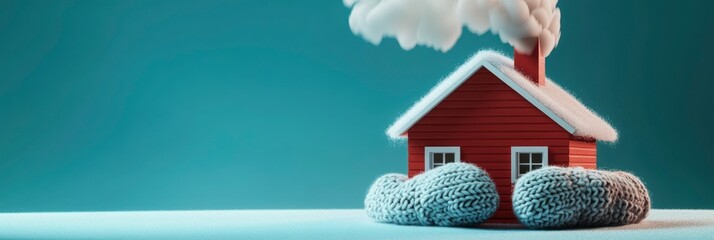A red house with smoke coming out of the chimney is wrapped in knitted woolen cloth on blue background