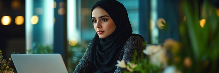 A young Muslim woman in a hijab is sitting at her laptop and working on digital marketing. The modern office background features green plants and flowers, blurred bokeh lights.