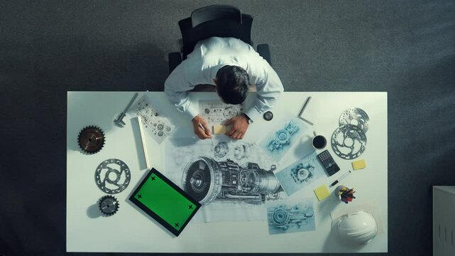 Top down view of skilled engineer writing and planning turbine engine design while sitting at meeting table with gear and electronic generator scatter around. Technician taking a note. Alimentation.