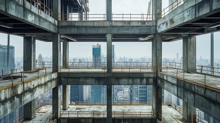 Obraz premium An unfinished apartment building with exposed concrete floors and metal railings.