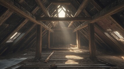 A bare attic space with wooden beams, a single skylight, and dusty floors.
