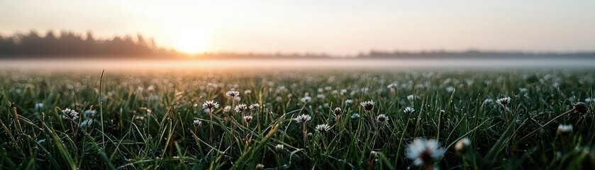 No people scenery focus concept. Serene morning landscape with dew-covered grass and soft sunlight breaking through fog.