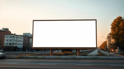 Obraz premium Cast bronze surface wallpaper depicting a blank white billboard beside a road in an urban area. Warm golden hour light, soft light, antique patina finish