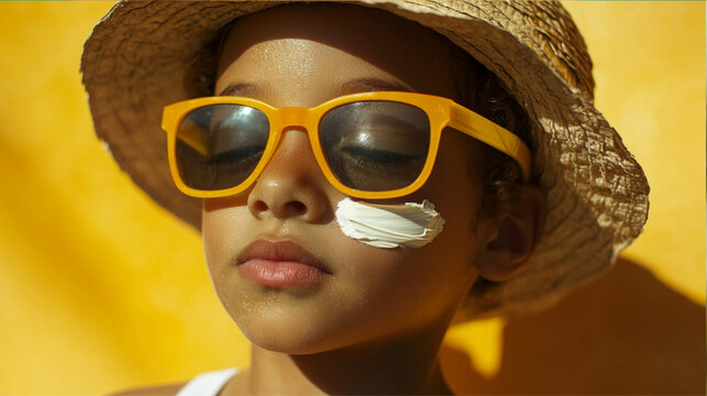 A playful photo featuring a child having sunscreen applied to their face, complete with a sun hat and sunglasses. The picture conveys a sense of care and responsibility