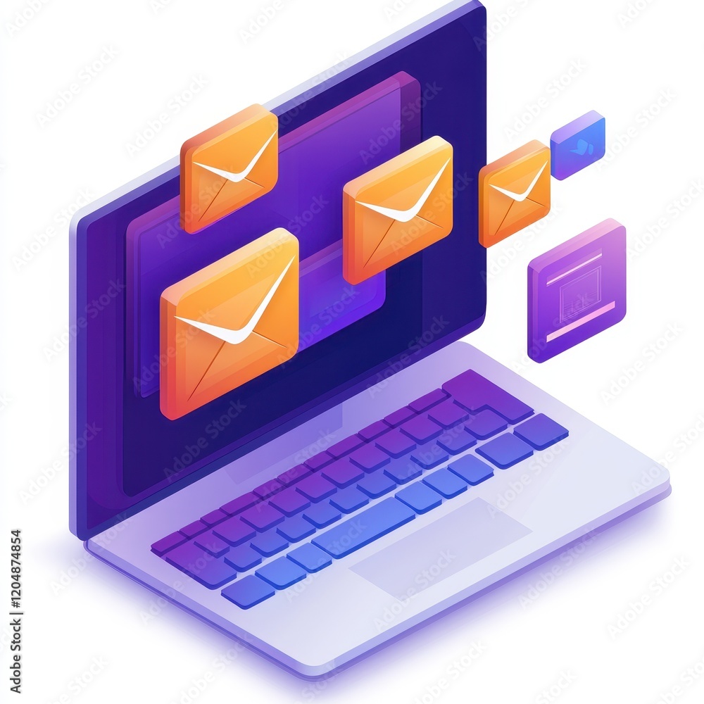 Poster laptop with multiple email icons displayed on the screen surface