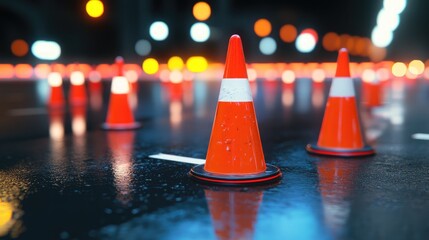 A construction background featuring safety barriers, traffic cones, and reflective signage.