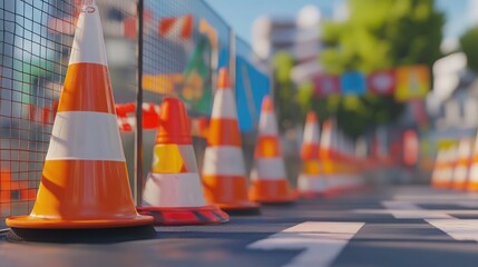 A construction background featuring safety barriers, traffic cones, and reflective signage.