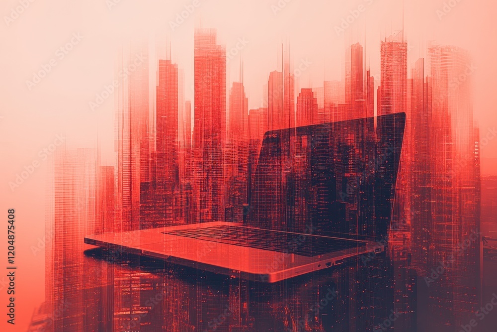 Poster double exposure of a laptop merged with a cityscape, creating a surreal blend of technology and urba