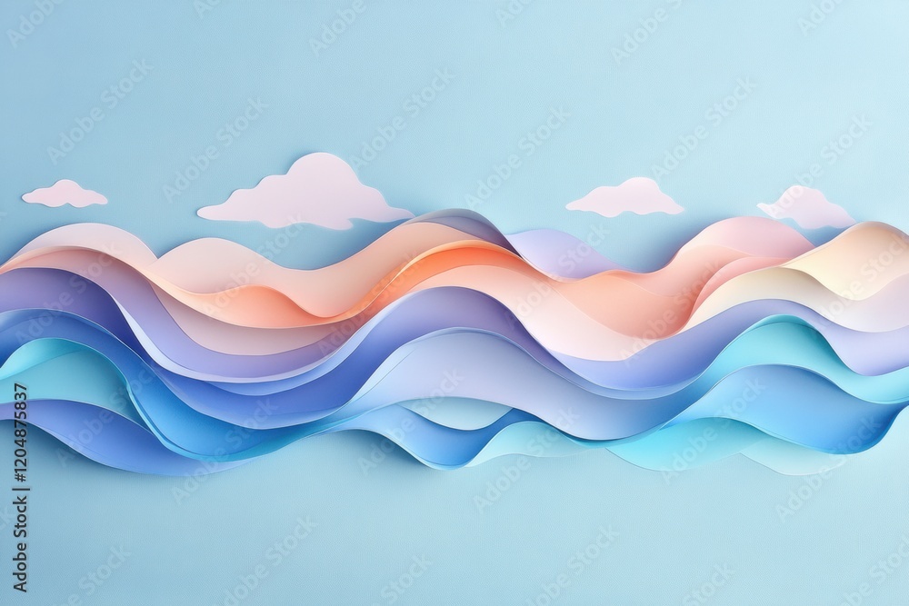 Poster Colorful paper waves and clouds create a serene seaside atmosphere in artistic display. Generative AI