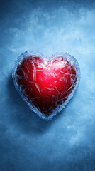 glowing heart encased in ice on blue background, symbolizing love
