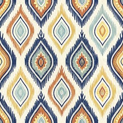 Traditional ikat pattern with floral and geometric designs suitable for wallpaper weaving.
