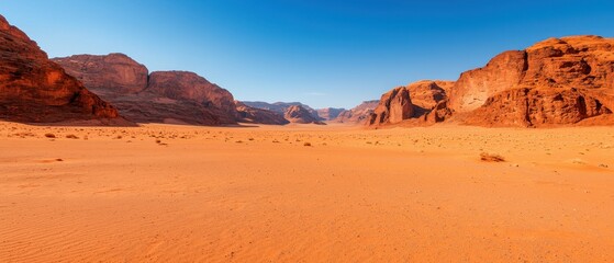 Naklejka premium No people scenery focus concept. Vast desert landscape with orange sands and rocky formations under a clear blue sky.