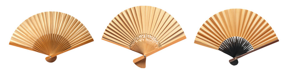 Collection of Wooden Fans Isolated on Transparent Background