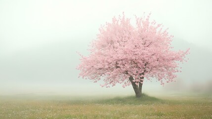 Cherry Blossom Tree in Misty Field