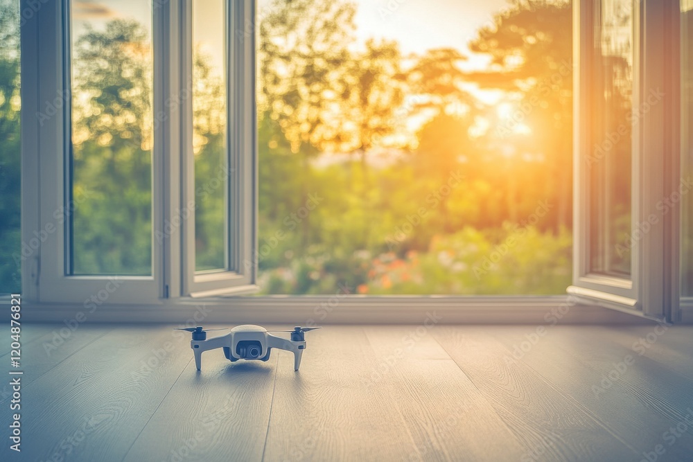 Poster drone positioned on a wooden surface with natural light streaming through open windows, creating a s
