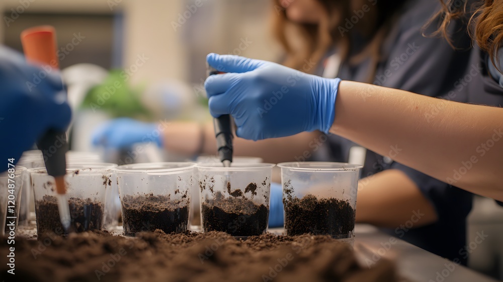 Poster scientists conducting soil sample analysis in a lab