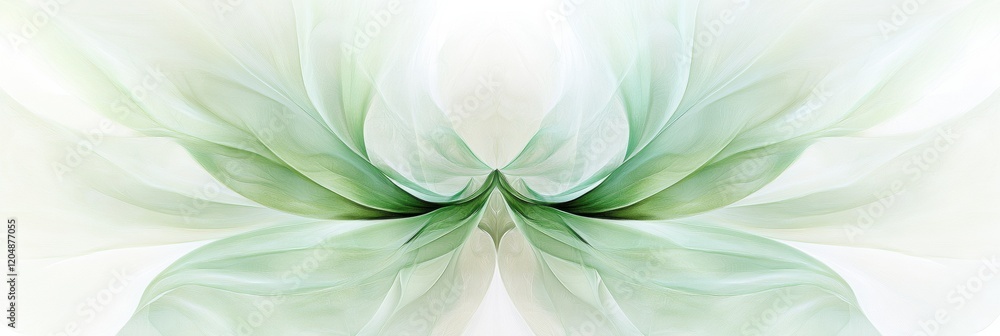 Fototapete Delicate green leaves intertwined in an elegant symmetrical design on a soft white background. Generative AI