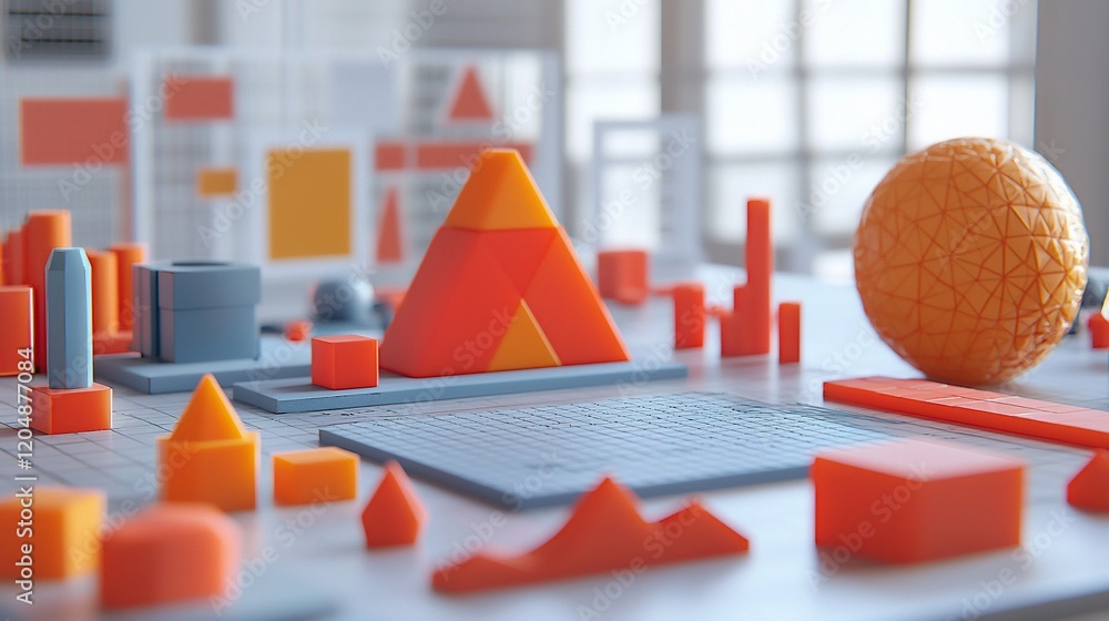 Poster Abstract 3D shapes and charts on a table.
