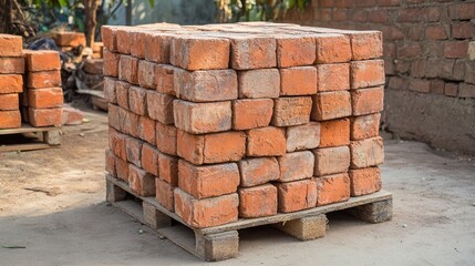 A stack of red clay bricks neatly arranged on a wooden pallet at a construction site.