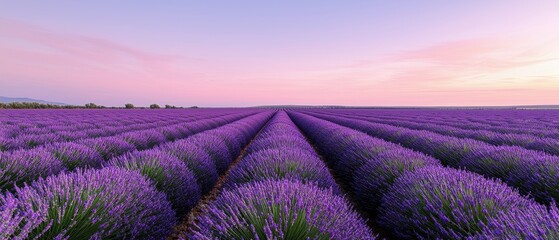 No people scenery focus concept. Vast lavender fields under a pastel sky, creating a serene and picturesque landscape.