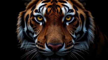 Naklejka premium Majestic tiger with piercing yellow eyes; its orange-black-white fur contrasts against a rich brown snout. Delicate white whiskers frame the captivating visage