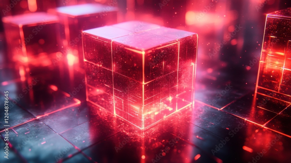 Poster a glowing red cube in a digital environment, surrounded by shimmering light effects and reflections,