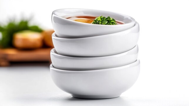 Stack of small white bowls subtly lit showing delicious sauce. AI Generated