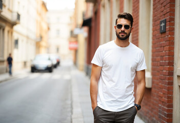 Fototapeta premium Stylish Man in White T-Shirt: A handsome man with styled hair and sunglasses strolls down a city street, exuding effortless cool in his simple yet stylish white t-shirt and jeans.