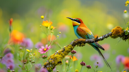 Vivid Bee-Eater: Green, Yellow, and Blue Plumage on Textured Moss-Covered Branch