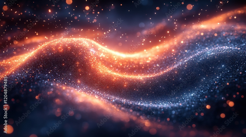 Poster a mesmerizing wave of glowing particles in hues of orange and blue, creating a dynamic and ethereal 