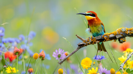 Fototapeta premium Tranquil Bee-Eater: Vibrant Green, Yellow, and Blue Feathers in a Natural Setting