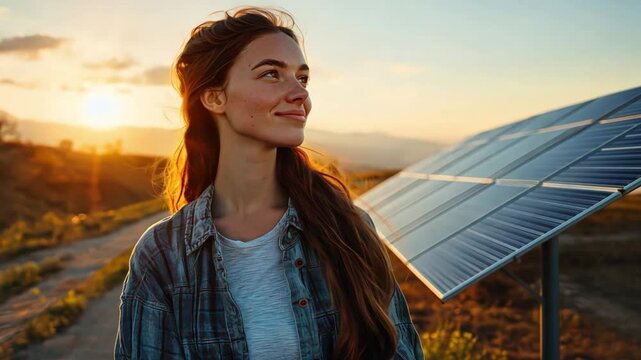 A young woman environmentalist explores advances in renewable energy and green technologies, sharing innovations that reduce carbon footprints and empower communities