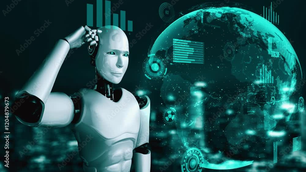 Poster futuristic robot artificial intelligence huminoid ai for industrial factory technology development a