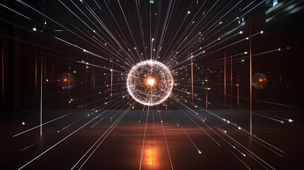 Dynamic particle acceleration event virtual lab 3d visualization scientific environment aerial view quantum physics concepts