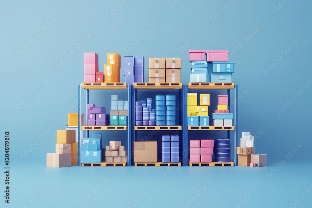 Poster a colorful display of neatly organized boxes and containers on shelves against a blue background, sh