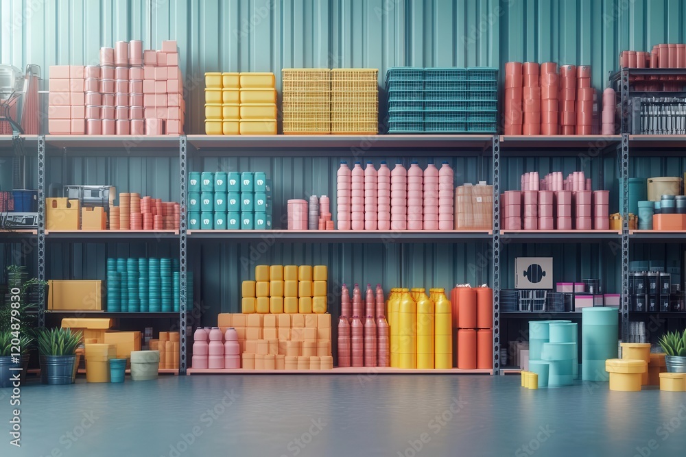 Poster a vibrant display of neatly arranged colorful containers on shelves, showcasing a variety of sizes a