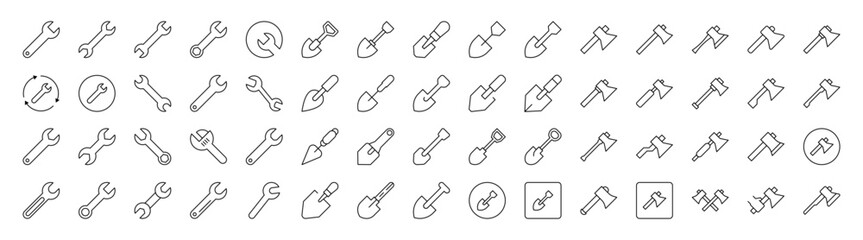 Collection of Brick Wall, Floor Plan, Building Related Line Icons. Outline Signs for Graphic and Web Design, Apps, Adverts, Various Cards