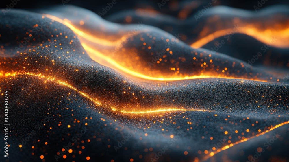 Poster a captivating abstract image of glowing waves featuring a blend of vibrant orange and dark textures,