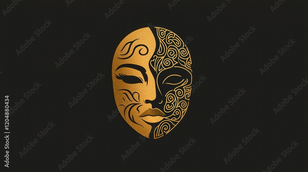 Poster gold and black mask with intricate patterns and unique facial features design