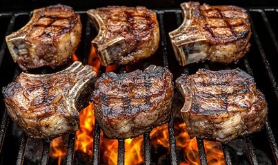 Grilled Lamb Chops on BBQ Grill with Flames