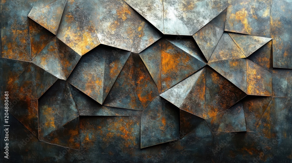 Poster an abstract composition featuring textured geometric shapes, blending rust and metallic hues for a v