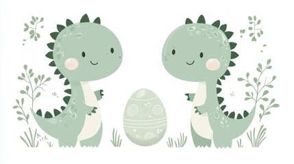 Cute cartoon dinosaurs and decorative egg with plants on white background