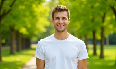 Stylish young man in white t-shirt: Handsome young man with stylishly styled hair, effortlessly cool in a simple yet stylish white t-shirt and jeans. Green nature background in the park.