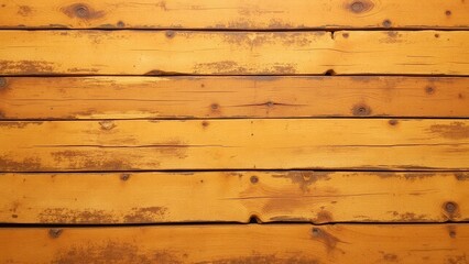 Fototapeta premium A vibrant, close-up scene of a charming wooden fence with horizontal, brightly painted yellow planks. Some planks reveal hints of age through gentle chipping, adding rustic character to the textured t