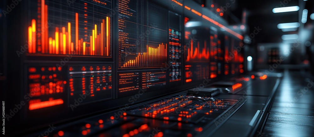 Aufkleber futuristic control room with glowing red data displays and keyboard.