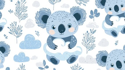 Cute cartoon koala character holding cloud in blue pastel color pattern design