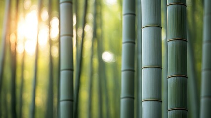 No people scenery focus concept. Bamboo stalks stand tall in a serene green forest, illuminated by soft sunlight filtering through the leaves.